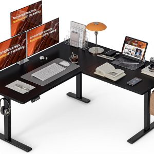 Grandder 63 x 55 Inch L Shaped Standing Desk, Electric Height Adjustable Corner Stand Up Desk, Sit Stand Corner Table Home Office Table, Black Top Black Frame