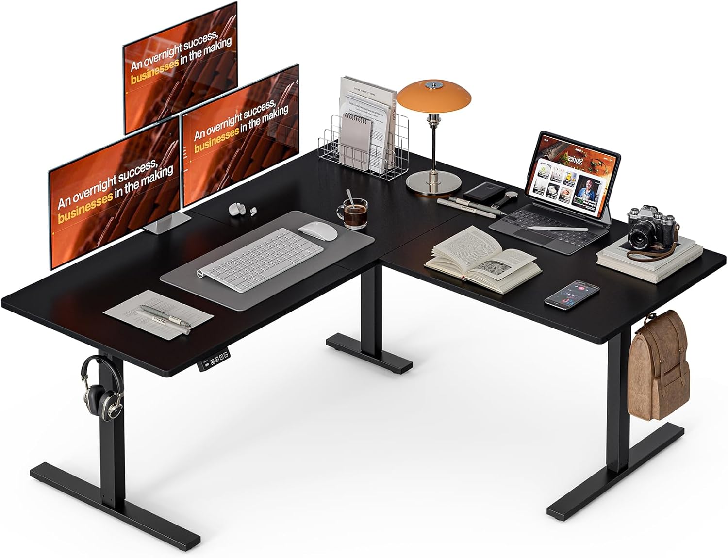 Grandder 63 x 55 Inch L Shaped Standing Desk, Electric Height Adjustable Corner Stand Up Desk, Sit Stand Corner Table Home Office Table, Black Top Black Frame