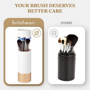 UVC Sanitizer with Ozone, Makeup Brush Holder, One Touch for Open, Dustproof Make Up Supplies Organized Storage, Stylish and Durable Design (Standard, White/Rose Gold)