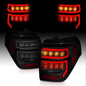 AmeriLite para Toyota 4 Runner 2014-2023 Par de Conjuntos de Luces Traseras de Repuesto con Barra LED Secuencial Negro Ahumado - Lado del Pasajero y del Conductor