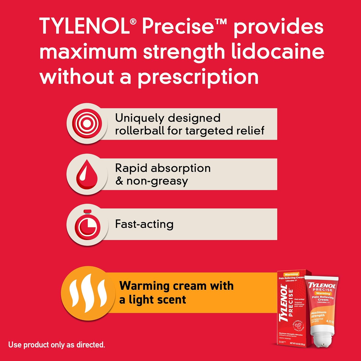 Tylenol Precise Warming Pain Reliever Cream, Maximum Strength 4% Lidocaine Warming Pain Cream for Back, Knee & Joint Pain, Fast-Acting, Penetrating Pain Relief Cream, Light Scent, 4 oz