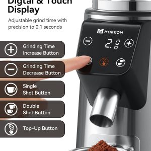 MOKKOM Professional 64mm Flat Burr Coffee Grinder with 100 Grind Settings, All-Metal Stainless Steel Body, Coffee Bean Grinder with Adjustable Electronic Timer, Anti-Static, LED Display