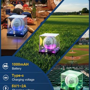 JupDec Cordless LED Baseball Display Case, Clear Acrylic Cube Baseball Holder with 10 Color Light Up, Autograph Ball Showcase Box with Memory Function, Ideal Gift for Sports Fans, Silvery, 1 Pack