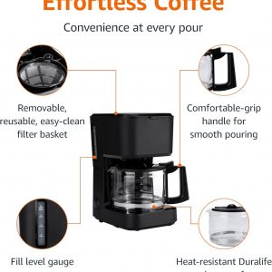 Amazon Basics 5 Cup Drip Coffee Maker with Glass Coffee Pot (0.8 Qt), Auto Shut-off, Auto Pause, Removable Filter Basket, Matte Black