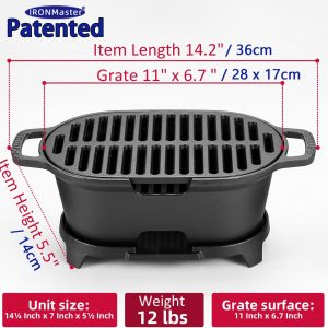 IronMaster Mini 100% Cast Iron Hibachi Grill, Tabletop Small Portable Charcoal Grill for Outdoor Camping, Japanese BBQ Grill Grate Surface 11" x 6.7" Ideal for 2 People