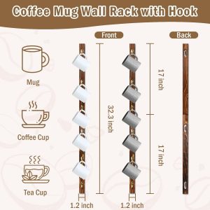Paquete de 2 soportes de pared para tazas de café con 12 ganchos de madera quemada montado en la pared, soporte para tazas de café marrón, organizador de tazas de café, soporte para colgar tazas de café, soporte para colgar tazas de té, soporte de exhibición para bar