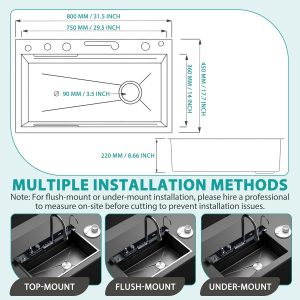Fregadero de cocina inteligente en cascada, fregadero de acero inoxidable de 31.5 x 17.7 pulgadas con pantalla digital, estación de trabajo grande de un solo tazón con grifo extraíble y rociador