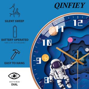 QINFIEY 12 Inch Silent Movement Kids Wall Clock, Non Ticking Children Round Wall Clock Battery Operated Space Travel Style Decor Children Clock for School Boys Bedroom Living Room Space Decor (Blue)