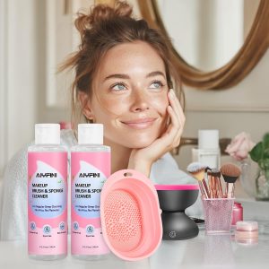 Alyfini Makeup Brush Cleaner Solution + Scrub Basin Combo, Removes Tough Stain on Make Up Brushes Set/Sponge/Puffs, Deep Clean Inner Bristles from Waterproof Foundation/Concealer, 10.2 Fl Oz/300 ml