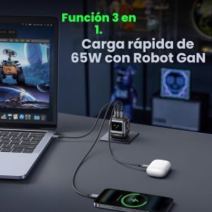 UGREEN Uno - Bloque de cargador USB C de 65 W, Nexode 3 puertos GaN cargador rápido con pantalla, divertidos regalos de robot para hombres y mujeres, compatible con iPhone 17, MacBook Pro/Air/Neo, XPS, Galaxy S26, Steam Deck, negro