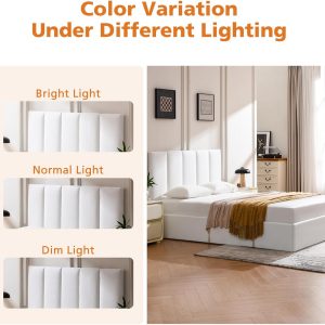 VELOCAVA Queen Size Lift-Up Hydraulic Storage Bed, White Linen-Look Upholstered Platform Bed with Vertical Channel Headboard, Wooden Slat Support, No Box Spring Needed