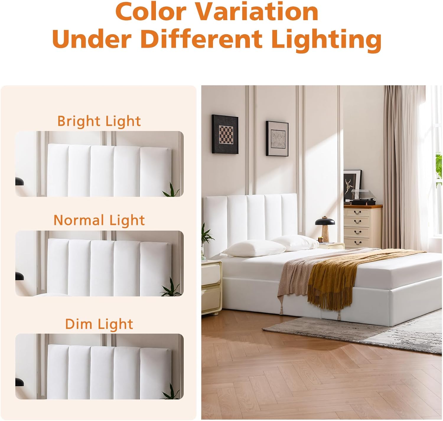 VELOCAVA Queen Size Lift-Up Hydraulic Storage Bed, White Linen-Look Upholstered Platform Bed with Vertical Channel Headboard, Wooden Slat Support, No Box Spring Needed