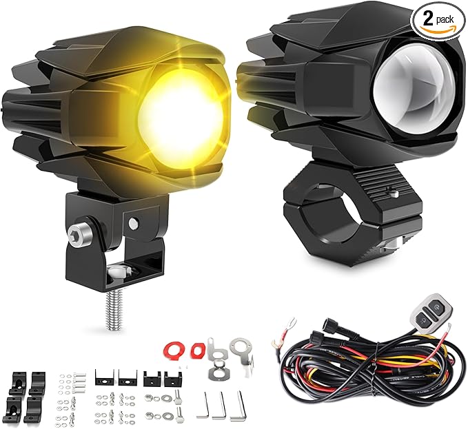 Motorcycle LED Fog Light 60W 20000LM Auxiliary Lights 7 Modes Amber White Light Combo with Waterproof Wire Harness Kit for Motorcycle GS Pan America Adventure and Adventure