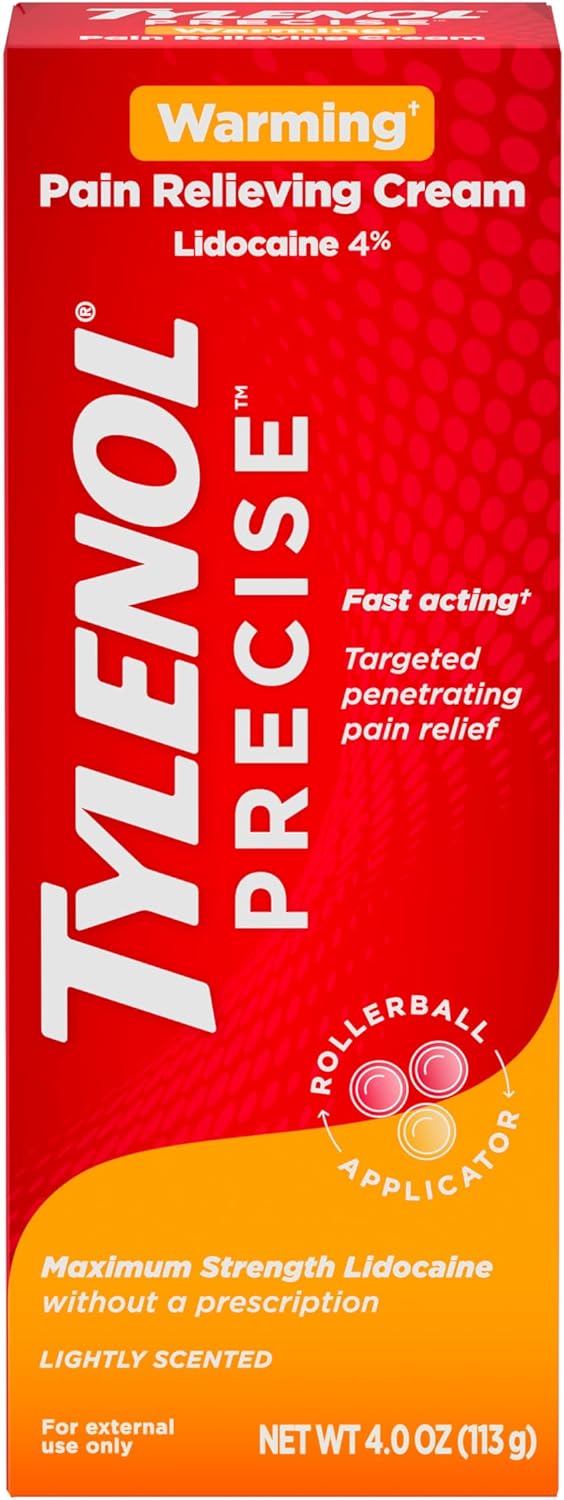 Tylenol Precise Warming Pain Reliever Cream, Maximum Strength 4% Lidocaine Warming Pain Cream for Back, Knee & Joint Pain, Fast-Acting, Penetrating Pain Relief Cream, Light Scent, 4 oz