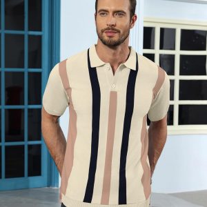 Ryehack Mens Casual Polo Shirts Knit Short Sleeve Vintage Striped Button T-Shirt Slim Fit Golf Vacation Shirt