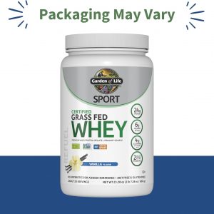 Garden of Life Sport Grass Fed Whey Protein Powder - 0.85 oz aislado de proteína de suero para mujeres y hombres con probióticos y glutamina, sin OMG, sin gluten, procesado en frío, sabor a vainilla
