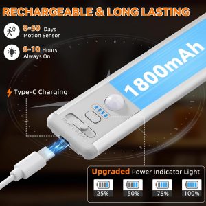 Under Cabinet Lighting Wireless, Rechargeable 10inch Motion Sensor Light Indoor, 3 Color Closet Light Battery Operated with LED Power Display, Magnetic Under Counter Lights for Kitchen, Home (3Pack)