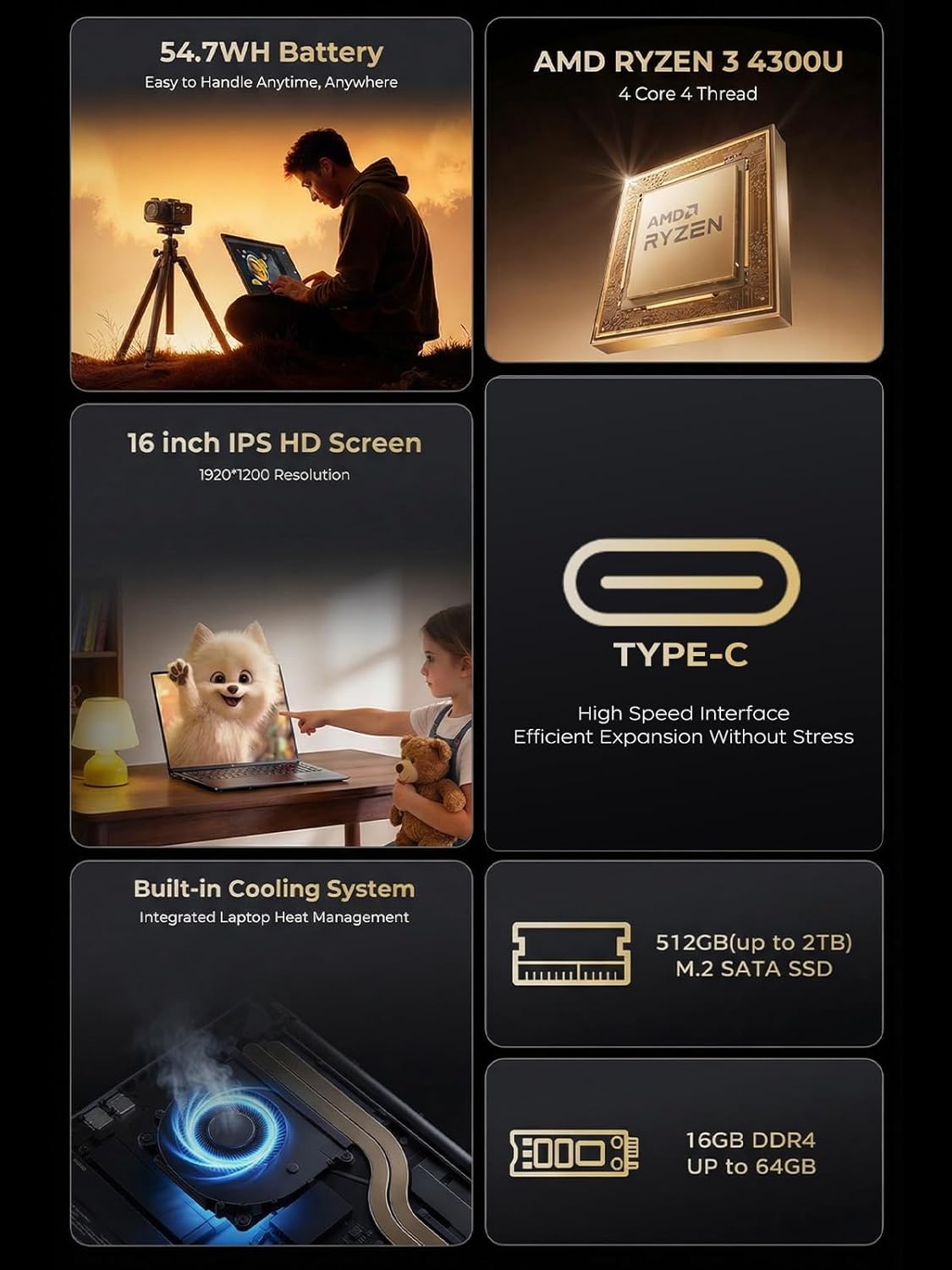 KAIGERR Gaming Laptop, Laptops with AMD Ryzen 4300U(Up to 3.7GHz), 16GB DDR4 512GB SSD Laptop Computer, 16.0inch Windοws 11 Laptop, 1920P FHD Display, WiFi 6, USB3.2, Type_C