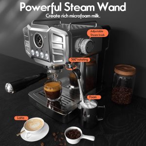 20-Bar Espresso Machine for Home Barista, Built-In Steam Wand for Latte & Cappuccino, Stainless Steel Professional Coffee Machine with Visible Pressure Guagem, Powder Press and Milk Frothing Pitcher