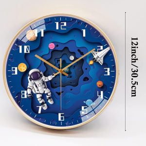 QINFIEY 12 Inch Silent Movement Kids Wall Clock, Non Ticking Children Round Wall Clock Battery Operated Space Travel Style Decor Children Clock for School Boys Bedroom Living Room Space Decor (Blue)