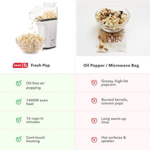 DASH Fresh Pop Popcorn Maker - Oil-Free, Air Popcorn Popper - With Measuring Cup & Recipe Guide - Perfect for Movie Nights - 16 Cups, White