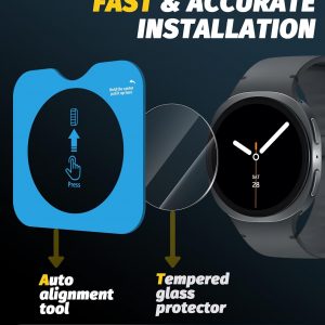 Orzero Protector de pantalla de vidrio templado compatible con Samsung Galaxy Watch 8 de 1.732 pulgadas, protector de pantalla con herramienta de alineación automática, 9 dureza, HD, antiarañazos, sin