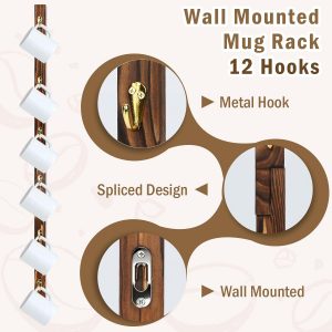 Paquete de 2 soportes de pared para tazas de café con 12 ganchos de madera quemada montado en la pared, soporte para tazas de café marrón, organizador de tazas de café, soporte para colgar tazas de café, soporte para colgar tazas de té, soporte de exhibición para bar