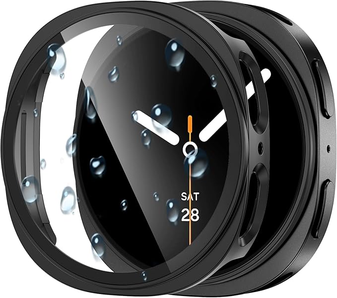 Goton Funda impermeable para Samsung Galaxy Watch 8 Protector de pantalla de 1.732 in con vidrio templado, 1 paquete de cubierta rígida de policarbonato para Galaxy Watch8, sin niebla, sensible al tacto
