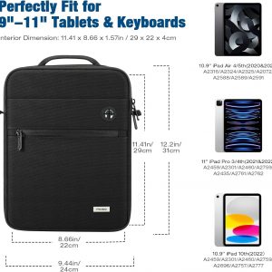 MoKo Bolsa para tablet de 9 a 11 pulgadas, funda protectora de transporte de 360° para iPad Air 5/4th 10.9, iPad Pro de 11 pulgadas, iPad 9/8/7th 10.2, iPad de 10.9 de 10.9, con múltiples bolsillos, correa para el hombro y puerto para auriculares, color negro