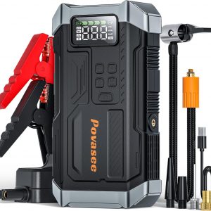 [Modelo 2026] Arrancador de 5000 A con compresor de aire, arrancador de coche portátil con inflador de neumáticos de 150 PSI, caja de salto de 12 V con pantalla LCD, linterna, estuche de almacenamiento (hasta 9 L de gasolina/motor diésel de 8L