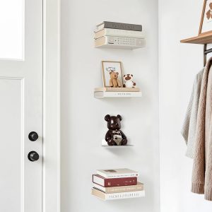 STORAGE MANIAC Floating Book Shelves for Wall Mounted Invisible Floating Bookshelves Heavy-Duty Steel Hidden Bookshelf Hanging Bookshelves for Bedroom Living Room Office, White 4-Pack