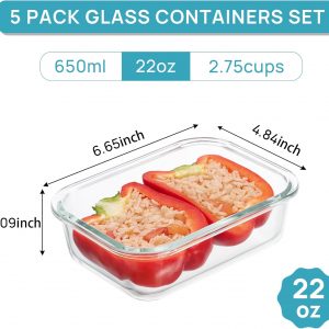 Vtopmart 5Pack 22oz Glass Storage Containers with Lids, Glass Meal Prep Food Container Sets with Snap Airtight Lids for Microwave, Oven, Freezer and Dishwasher, Grey