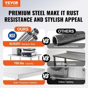 VEVOR Stainless Steel Work Table 24 x 24 x 38 Inch, 700 LBS Load Capacity with 4 Wheels, 3 Adjustable Height Levels, Heavy Duty Food Prep Worktable for Commercial Kitchen Restaurant, Silver