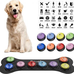 Dog Buttons for Communication, 8 Pcs Dog Talking Button Set, 30s Recordable Voice Pet Buzzer Training Buttons, Speaking Button for Dogs with Waterproof Anti-Slip Dog Button Mat and 48 Scene Stickers