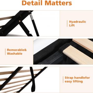 VELOCAVA Queen Size Lift-Up Hydraulic Storage Bed, White Linen-Look Upholstered Platform Bed with Vertical Channel Headboard, Wooden Slat Support, No Box Spring Needed