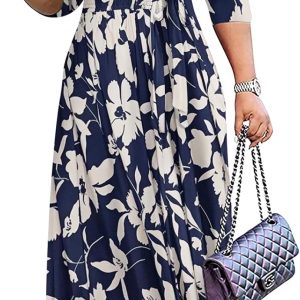 Yajedo Vestido largo estilo informal de verano para mujer, talla extragrande, sexy, cuello en V, manga 3/4, vestido de verano con bolsillos