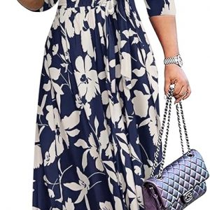 Yajedo Vestido largo estilo informal de verano para mujer, talla extragrande, sexy, cuello en V, manga 3/4, vestido de verano con bolsillos