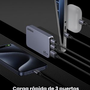 UGREEN Nexode Pro 65W GaN USB C Cargador de Pared Delgado de 3 Puertos, Cargador Compacto Rápido PPS para iPhone Serie 17/16/15, MacBook Air, iPad Pro, Galaxy S25/S24, Pixel 10/9, Steam Deck
