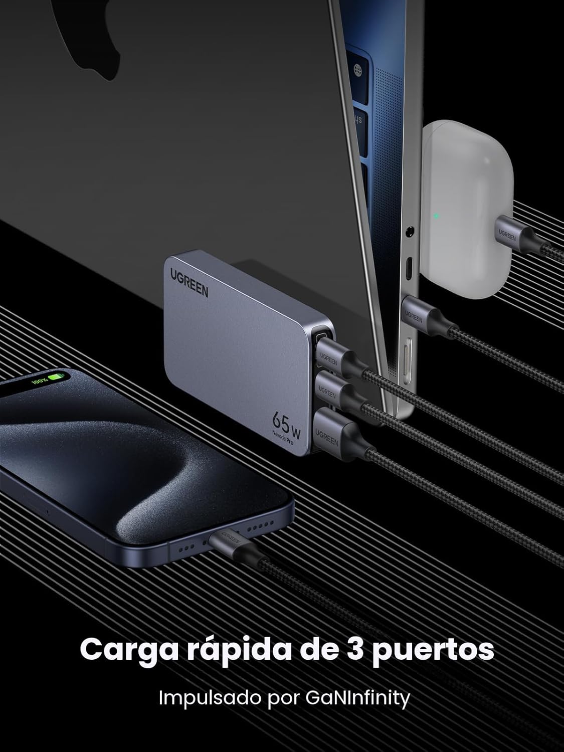 UGREEN Nexode Pro 65W GaN USB C Cargador de Pared Delgado de 3 Puertos, Cargador Compacto Rápido PPS para iPhone Serie 17/16/15, MacBook Air, iPad Pro, Galaxy S25/S24, Pixel 10/9, Steam Deck