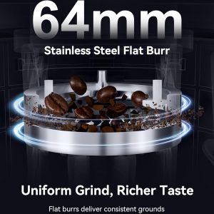 MOKKOM Professional 64mm Flat Burr Coffee Grinder with 100 Grind Settings, All-Metal Stainless Steel Body, Coffee Bean Grinder with Adjustable Electronic Timer, Anti-Static, LED Display