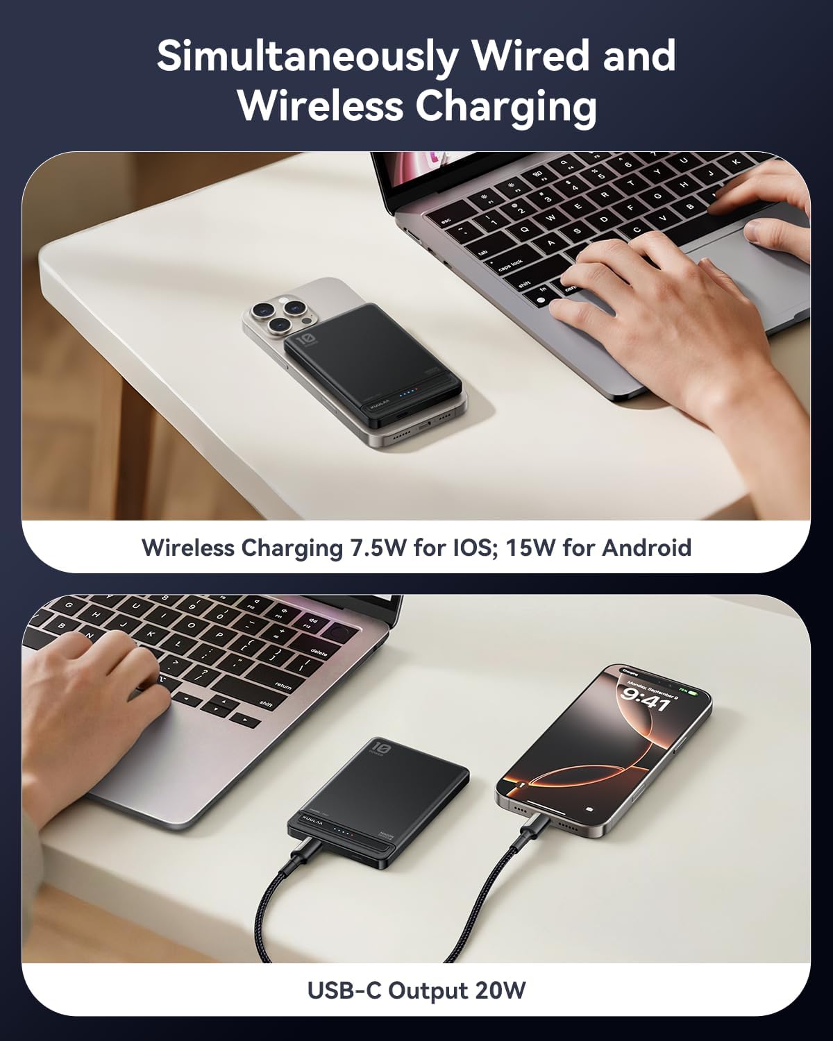 Kuulaa para Paquete de Batería MagSafe de 10000mAh, Cargador de Teléfono Portátil Inalámbrico Ultra Delgado de 20W con Pantalla LED, Banco de Energía Magnético para iPhone 16/15/14/13/12 (Negro)