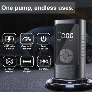 Cordless Tire Inflator Portable Air Pump - Car & Motorcycle Accessories, Dual-Pump, 1s Fast Inflation, 150PSI, Auto-Stop, Pressure Monitor, 5 Modes, LED Light
