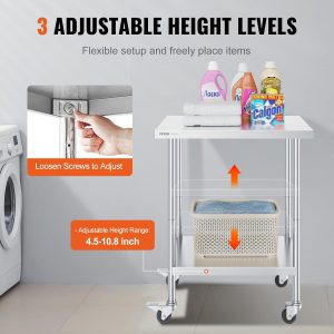 VEVOR Stainless Steel Work Table 24 x 30 x 38 Inch, with 4 Wheels, 3 Adjustable Height Levels, Heavy Duty Food Prep Worktable for Commercial Kitchen Restaurant, Silver