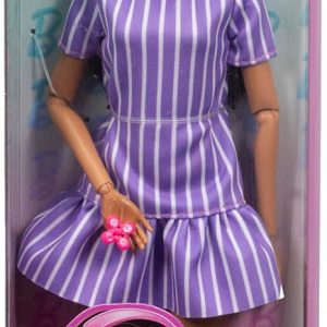 Barbie Fashionistas Doll #245, Autistic Doll Wearing Purple Striped Dress with Accessories Like Fidget Spinner, Tablet and Headphones