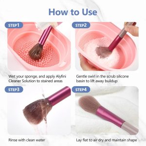 Alyfini Makeup Brush Cleaner Solution + Scrub Basin Combo, Removes Tough Stain on Make Up Brushes Set/Sponge/Puffs, Deep Clean Inner Bristles from Waterproof Foundation/Concealer, 10.2 Fl Oz/300 ml
