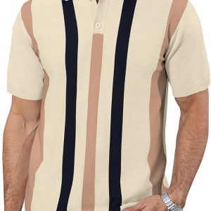 Ryehack Mens Casual Polo Shirts Knit Short Sleeve Vintage Striped Button T-Shirt Slim Fit Golf Vacation Shirt