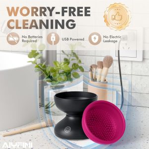 Alyfini Máquina limpiadora de brochas de maquillaje eléctrica, potente fricción que elimina los residuos en el juego de brochas de maquillaje, esponjas y polvo, limpieza eficiente, lavadora giratoria