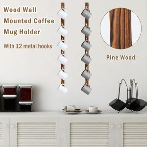 Paquete de 2 soportes de pared para tazas de café con 12 ganchos de madera quemada montado en la pared, soporte para tazas de café marrón, organizador de tazas de café, soporte para colgar tazas de café, soporte para colgar tazas de té, soporte de exhibición para bar