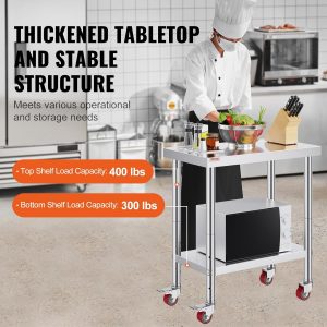Mophorn Stainless Steel Work Table with Wheels 30 L* 24 W * 33 H Inch Prep Table with 4 Casters Heavy Duty Work Table for Commercial Kitchen Restaurant Business, Silver and Black