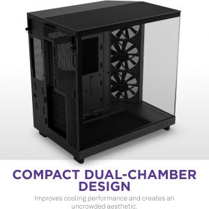 NZXT H6 Flow | CC-H61FB-01 | Compact Dual-Chamber Mid-Tower Airflow Case | Panoramic Glass Panels | High-Performance Airflow Panels | Includes 3 x 120mm Fans | Cable Management | Black
